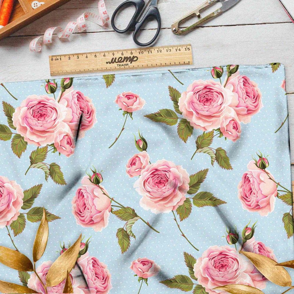 Ткань барби нежные розы на голубом
