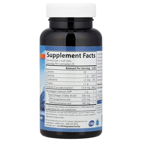 Carlson, жир лосося, обогащенный омега-3, 50 капсул