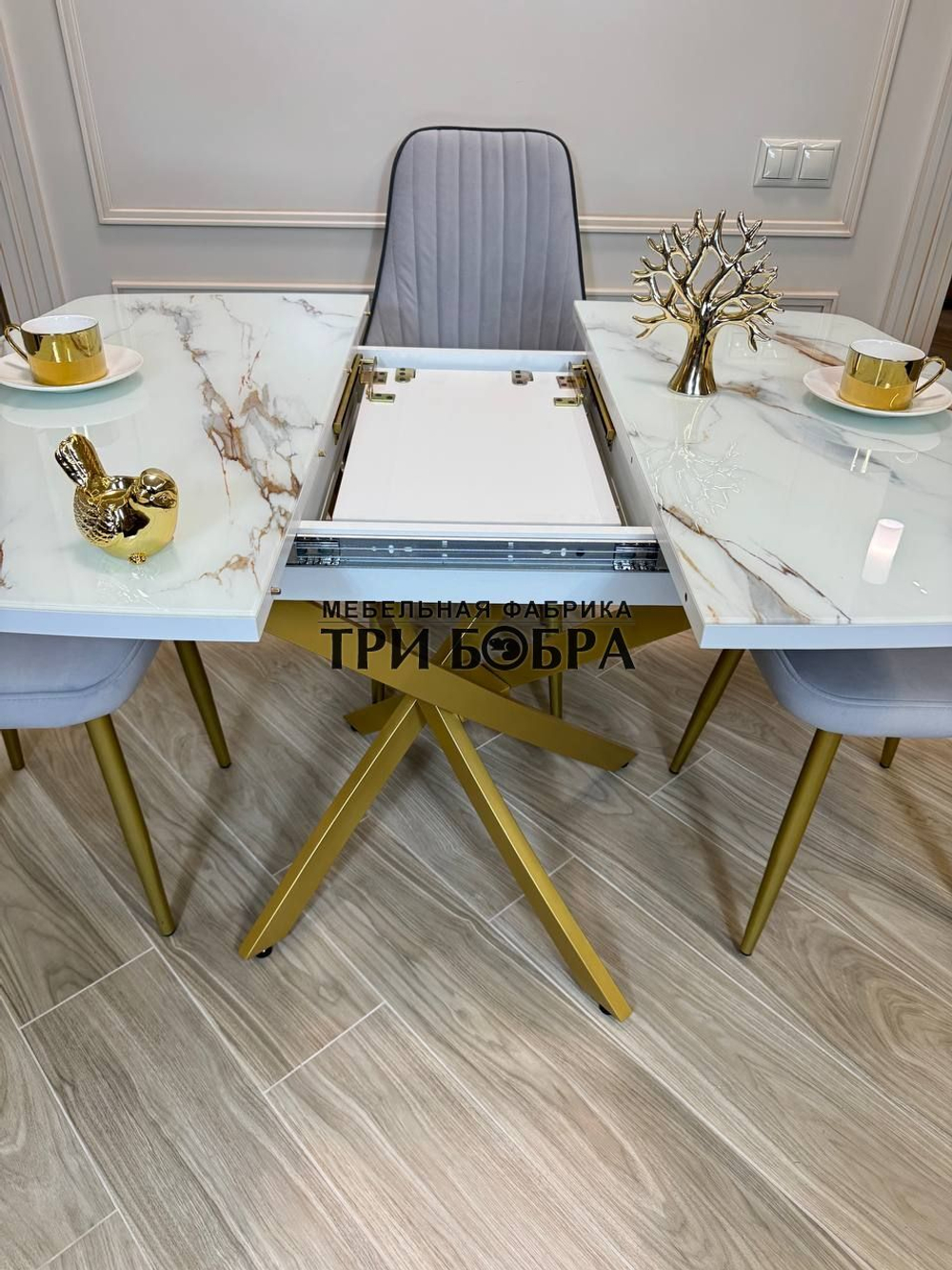 Кухонный раздвижной стол "ТАНГО" , белый мрамор и 4 стула Сорренто