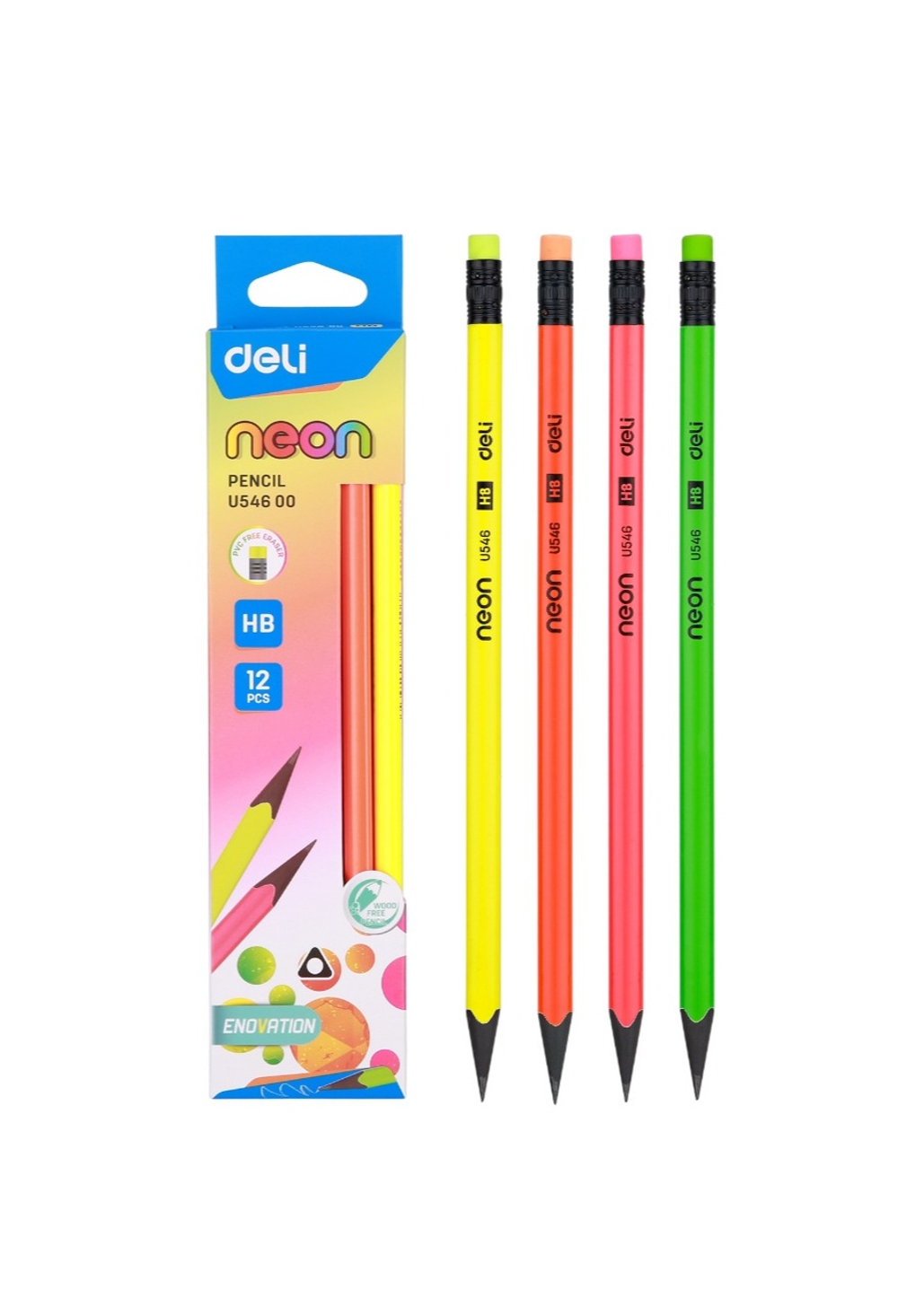 Карандаш чернографитный Deli Neon НB трехгран., ластик EU54600