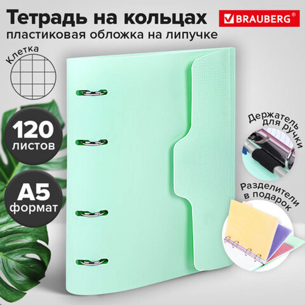Тетрадь на кольцах А5 175х220мм, 120л, пластик, на липучке с разделителями, BRAUBERG, Мятный,404638