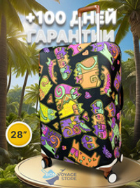 Чехол на чемодан 28", цвет чёрный/разноцветный, Коты