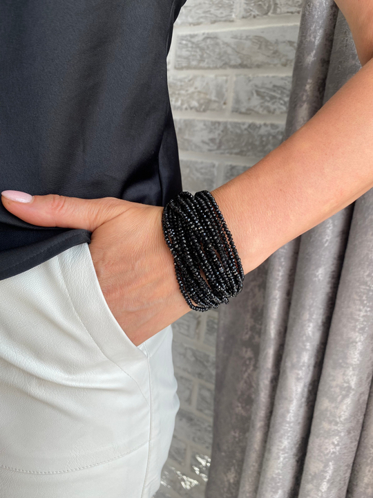 Браслет "Венеция" из черного венецианского стекла на кожаной застежке