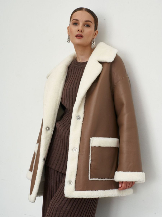 Двусторонняя дубленка из овечьей шерсти тедди чебурашка, капучино, SilverFox