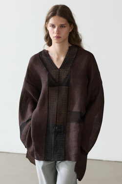 Massimo Dutti Блуза из струящейся смесового льна с кружевом, пестро-коричневый