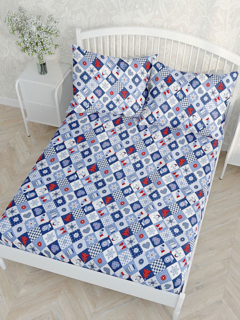 Простынь на резинке Сказка "Новогодний пэчворк" 90х200 см, перкаль