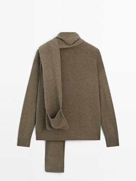 Massimo Dutti Свитер из 100% шерсти с шарфом и карманом, зеленый