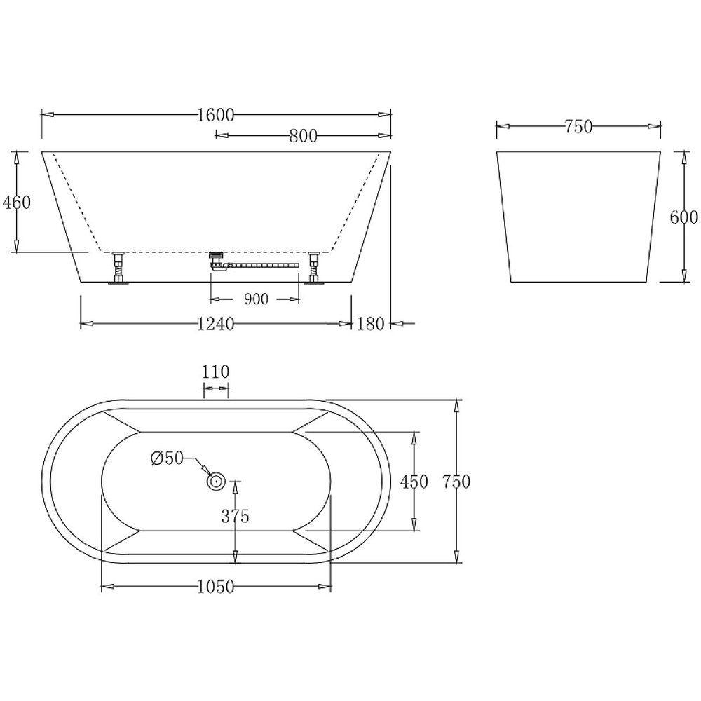 Акриловая ванна BelBagno 160x75 BB71-1600-W0 без гидромассажа