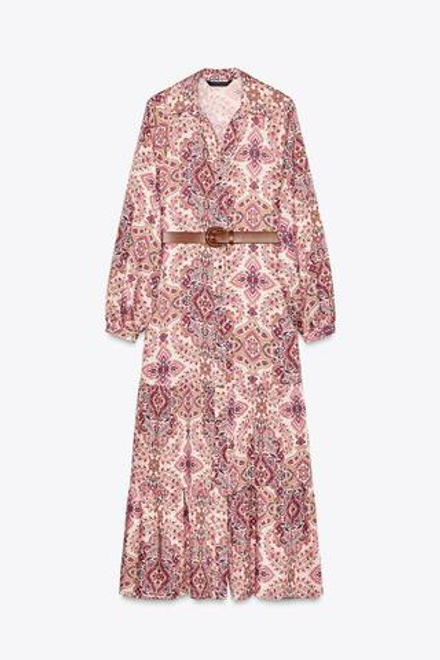 ZARA ПЛАТЬЕ МИДИ С ПРИНТОМ И ПОЯСОМ, РАЗНОЦВЕТНЫЙ