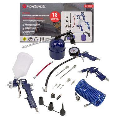 Набор пневмоинструмента 18пр.(краскопульт-сопло 1.5мм,обдувочник-сопла 110,140мм,подкачка+10 адаптеров и 1 шланг для подкачки,промывка,шланг 5м) Forsage F-8031K18-G (E-70)