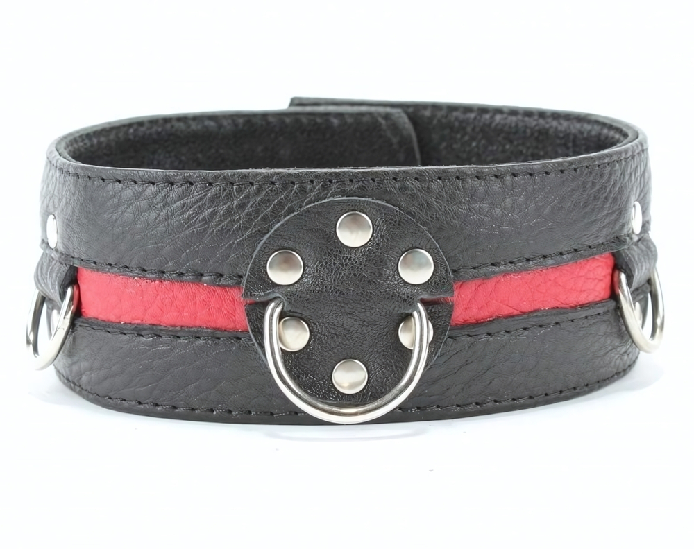 Чёрный кожаный ошейник с красной полосой и кольцами (Цвет: черный с красным)