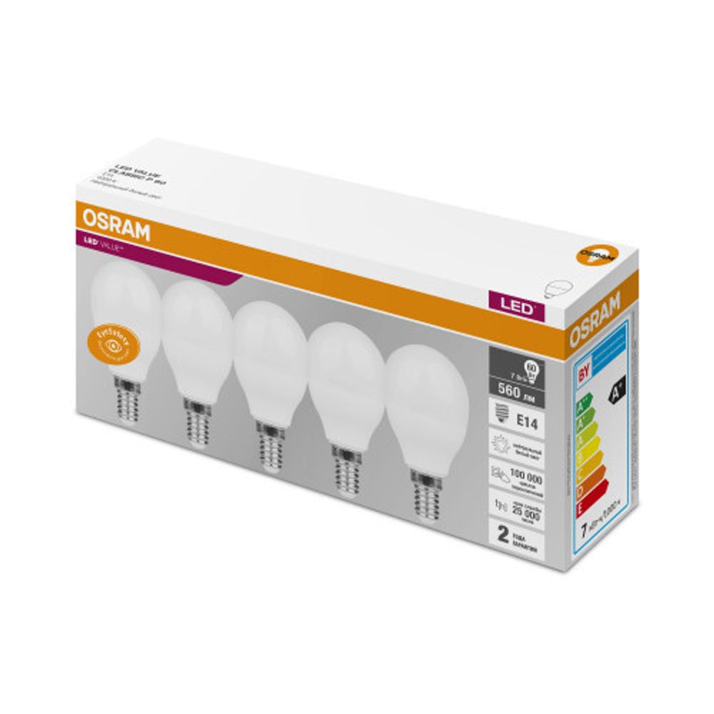 Лампочки светодиодные Osram Led Value Classic P60 7Вт 4000К Е14 / E14 шар матовый нейтральный белый свет набор 5 штук | Osram