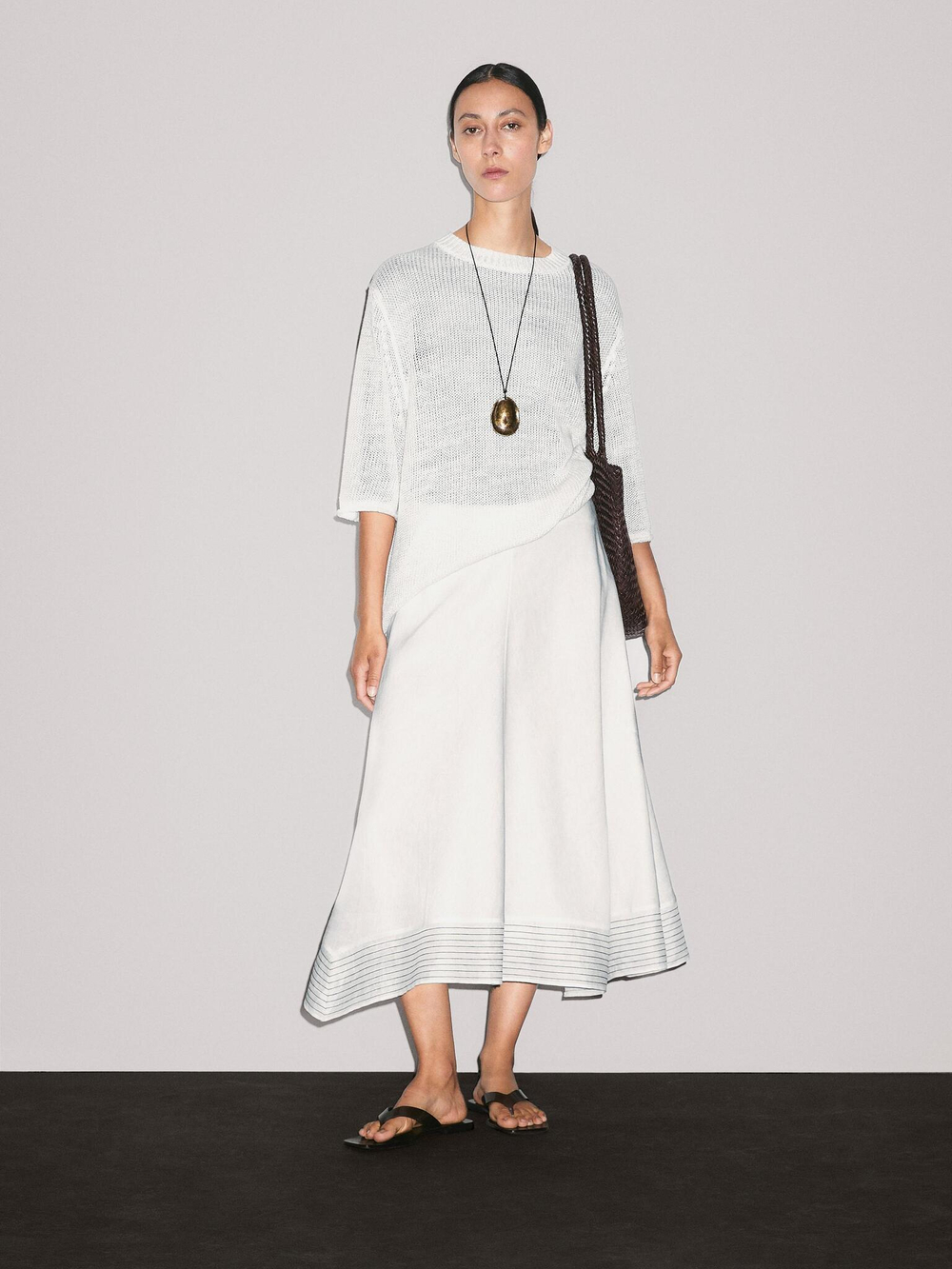 Massimo Dutti Расклешенная юбка из смесового льна с декоративными швами, белый