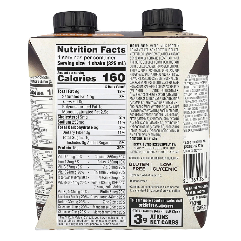 Atkins, Кофейный протеиновый коктейль со льдом, кофейная карамель, 4 коктейля, 325 мл (11 жидк. унц.)
