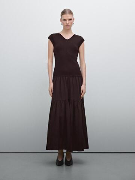 Massimo Dutti Расклешенное платье из смесового хлопка, гранатовый