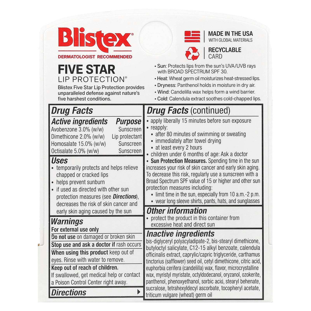 Blistex, Five Star Lip Protection®, защитное средство для губ и солнцезащитное средство, SPF 30, 4,25 г (0,15 унции)