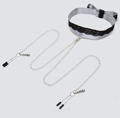 Атласный ошейник с зажимами для сосков Play Nice (Цвет: серебристый с черным)