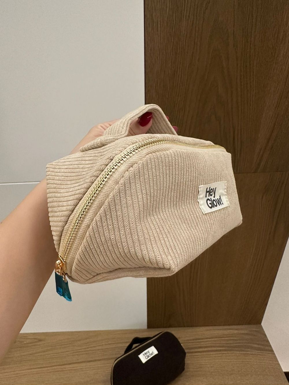 HEY GLOW Косметичка вельвет,велюр молочный, коричневый (большой)