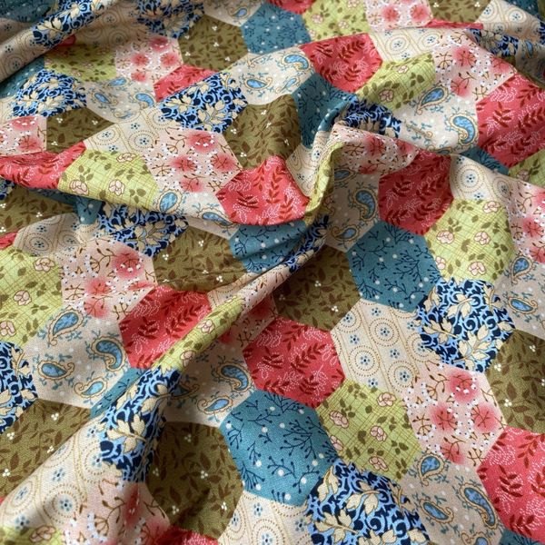 ГЕКСАГОНЫ БОТАНИКА ЗЕЛЕНО-БИРЮЗОВЫЕ, отрез 35 см 100% хлопок Handmade Fabrics 2