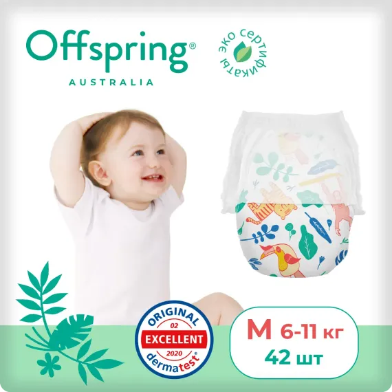 Трусики-подгузники Offspring M 6-11 кг, 42 шт, джунгли