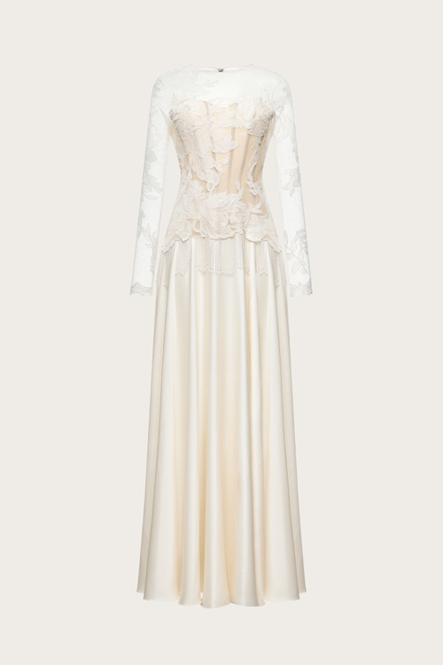 Платье из сетки и шелка, расшитое кружевом и бисером