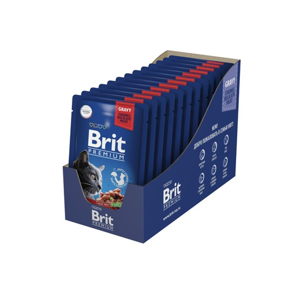 Влажный корм пауч для взрослых кошек Брит BRIT PREMIUM говядина и горошек в соусе, 85г 14шт