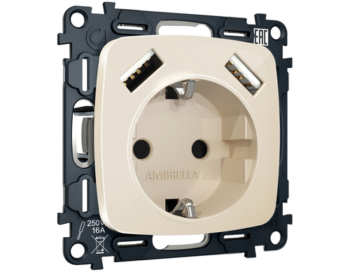 MO309010 Комплект механизма электрической розетки OMEGA Бежевый глянец 2USB A+A 18W (быстрая зарядка) с/з QUANT (OP3090, VM155)