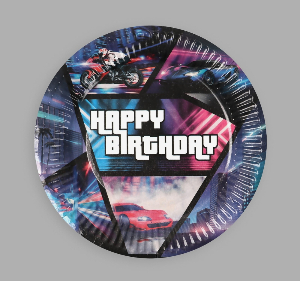 Тарелка одноразовая бумажная Happy Birthday гонщик, набор 6 шт, 18 см