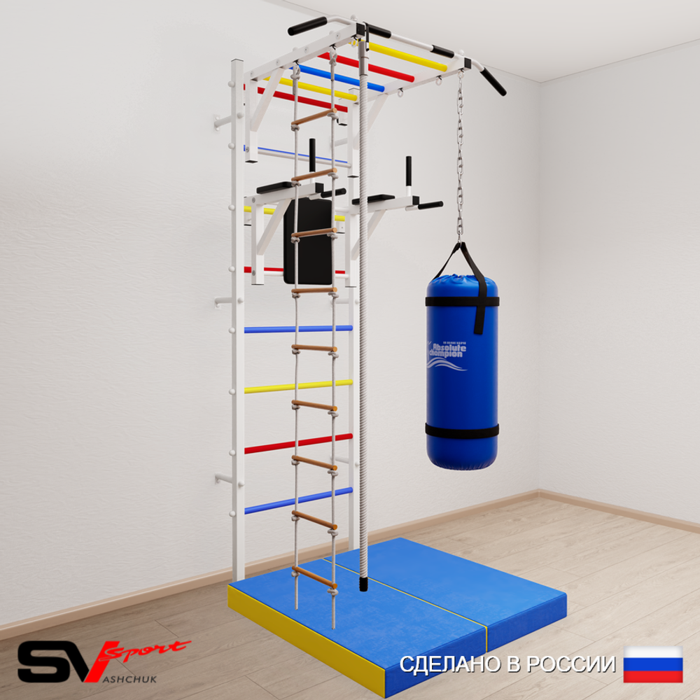 Шведская стенка Sv Sport усиленная 6457 (Турник рукоход/Брусья/Канат/Лестница/Цепь/Мешок 30кг/Мат 1м)