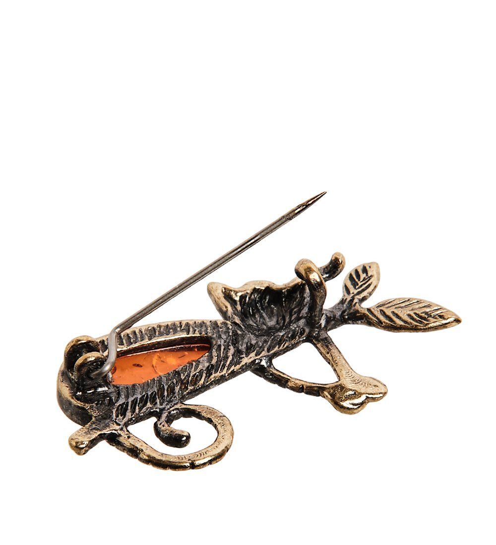AM-2608 Брошь «Кот на ветке» (латунь, янтарь)