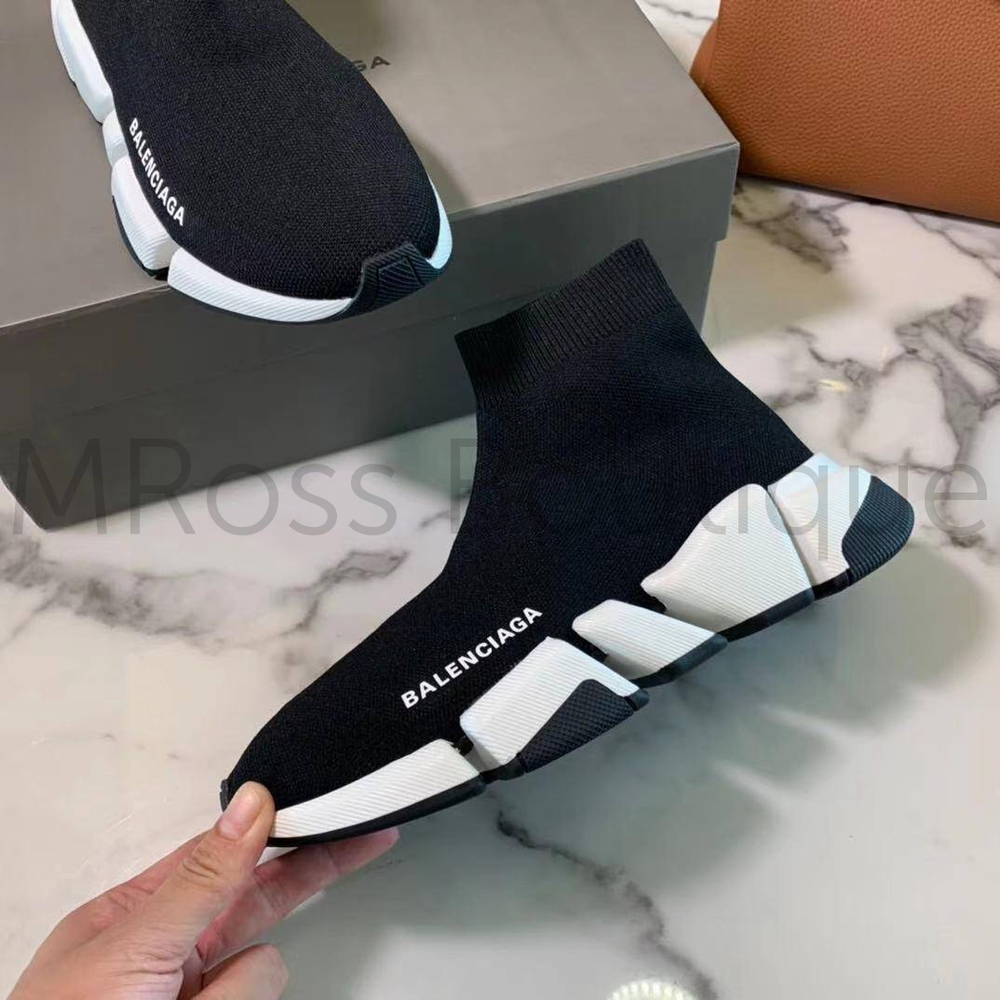 Кроссовки носки Balenciaga Speed 2.0 sock Баленсиага черные на белой подошве премиум класса
