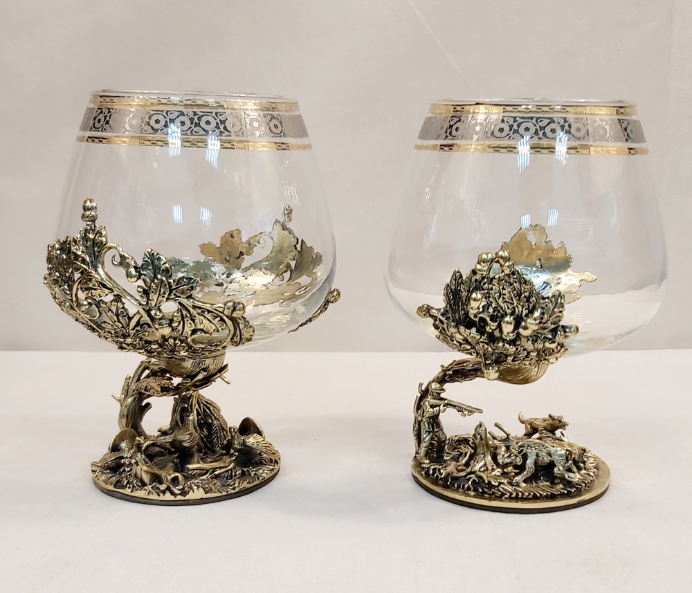 Набор из 2-х бокалов для коньяка "Охота на глухаря и Охота на кабана" (подарочный футляр)