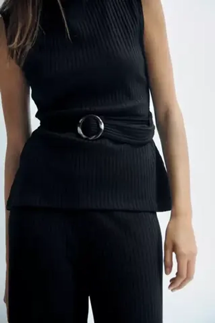 ZARA ТОП В РУБЧИК С ПОЯСОМ, ЧЕРНЫЙ