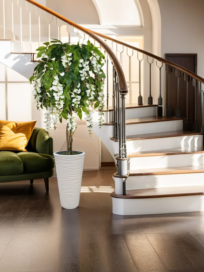 Искусственное дерево Акация белая 170 см в высоком круглом белом кашпо