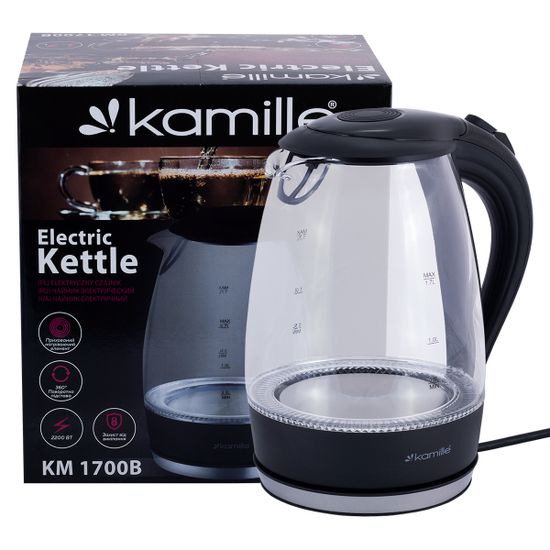 Чайник электрический 1,5 л. стеклянный Kamille KM-1700B (черный) с синей LED подсветкой
