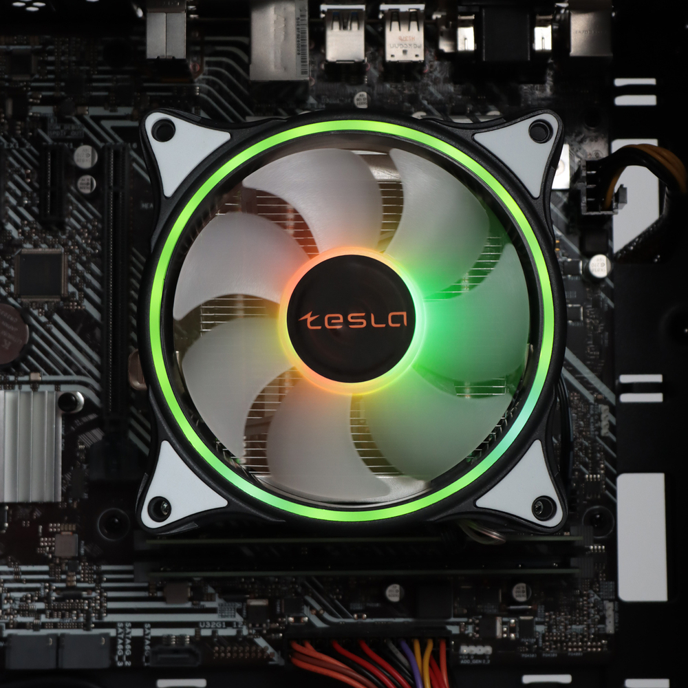 Кулер для CPU TESLA 1040RGB, 1х120мм, 600-1600rpm, 4-pin, Al+Cu, серебристый-черный-белый/RGB, 51.3CFM, 25.1дБ, 4-PIPE(прямой контакт), TDP 155Вт, INTEL 1700/1200/115x/775/1366, AMD AM5/AM4/AM3(+)/AM2(+)/FM2(+)/FM1/754/940/939 (TSL-1040PWM-RGB)