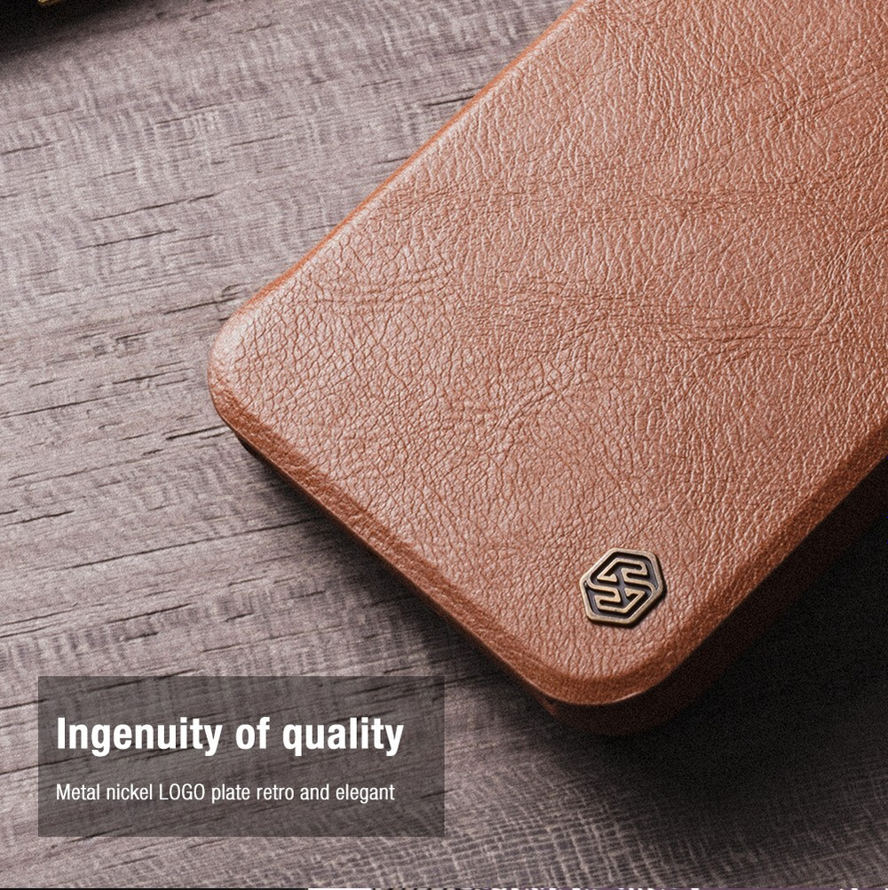 Кожаный чехол книжка коричневого цвета от Nillkin для iPhone 14 Pro, серия Qin Pro Leather с защитной шторкой для камеры