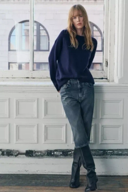 ZARA ОДНОТОННЫЙ СВИТЕР ИЗ 100% КАШЕМИРА, МОРСКОЙ СИНИЙ