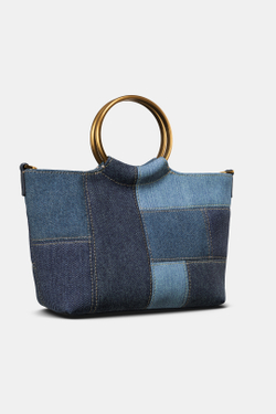 ZARA МИНИ-СУМКА-МЕШОК С ПЭЧВОРКОМ, СИНИЙ