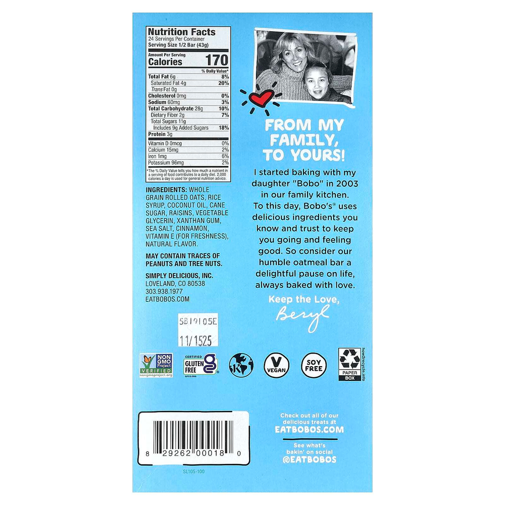 Bobo's Oat Bars, Овсяный батончик, корица и изюм, 12 батончиков по 85 г (3 унции)