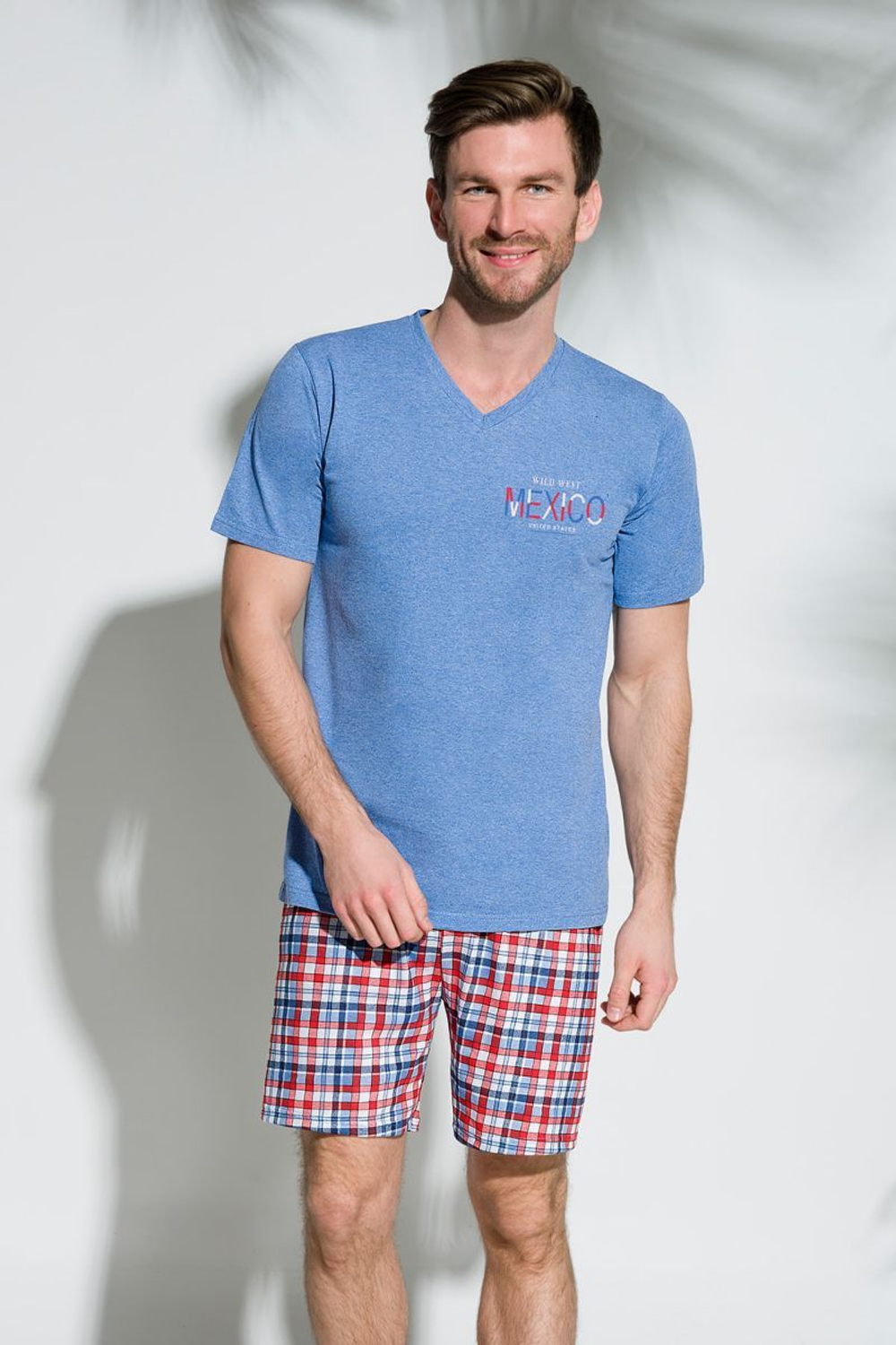 Мужская пижама Borys с клетчатыми шортами (Размер: XXL) (Цвет: серый)