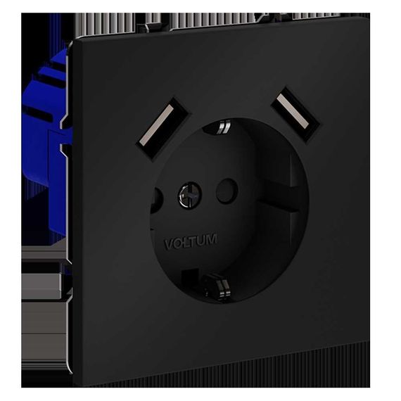 Розетка встраиваемая Voltum S70 с заземлением и защитными шторками, 16А, с USB, A+A, (черный матовый VLS040408