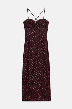 ZARA ЛЬНЯНОЕ ПЛАТЬЕ МИДИ В ГОРОШЕК, КОРИЧНЕВЫЙ