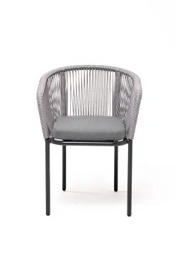 "Марсель" стул плетеный из роупа, каркас алюминий темно-серый (RAL7024) муар, роуп светло-серый круглый, ткань светло-серая