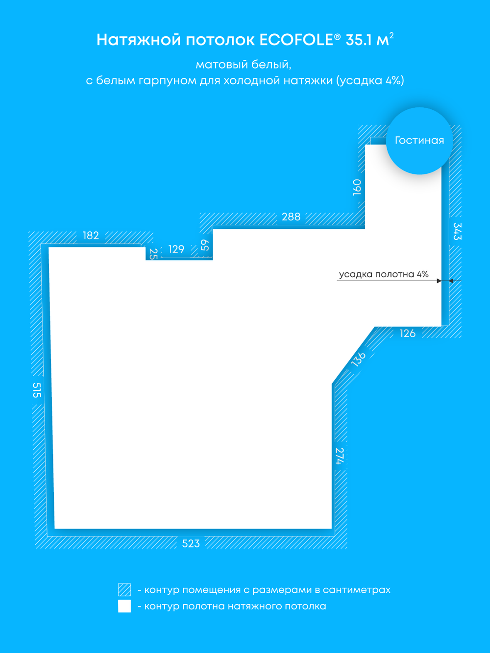 Матовый натяжной потолок 35.1 м2
