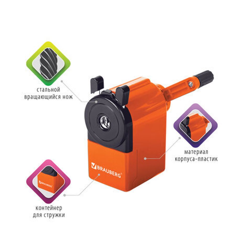 Точилка механическая BRAUBERG "JET", металлический механизм, корпус оранжевый, 229567