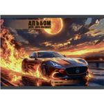 Альбом для рисования А4 12л., Alingar, на скрепке, мелованный картон (стандарт), 100 г/м2, "Авто", 4 дизайна в пленке т/у