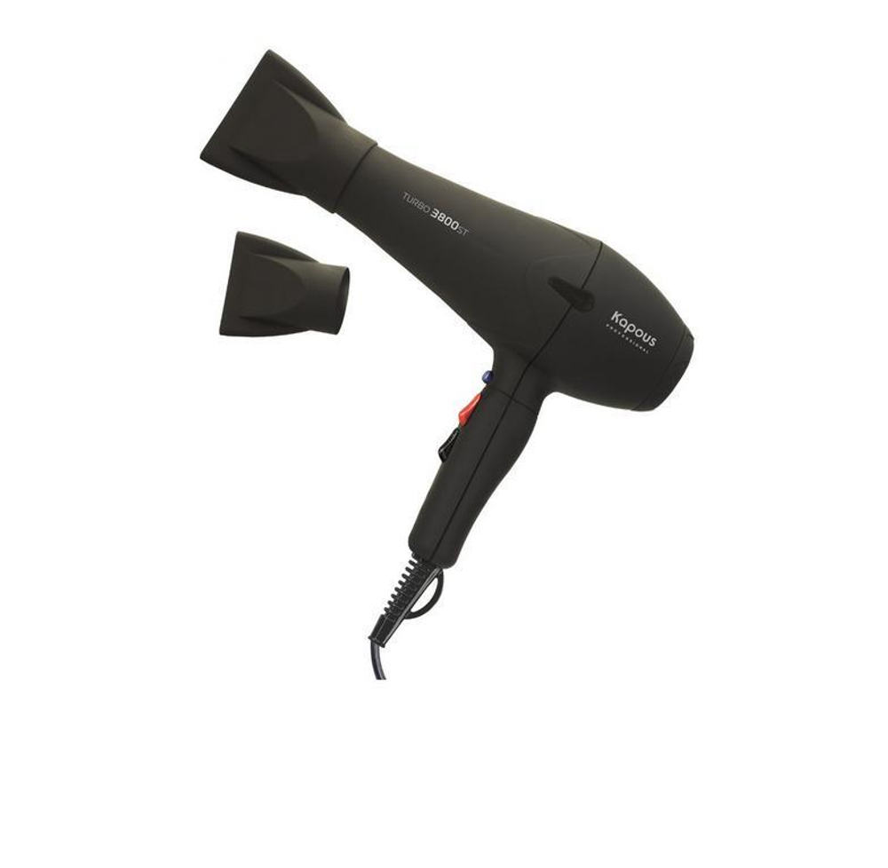 2 Kapous Professional Фен для укладки волос Turbo 3800 ST, профессиональный, с покрытием Soft Touch, Черный