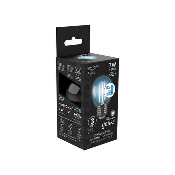 Лампа светодиодная филаментная Gauss E27 7W 4100К прозрачная 105802207