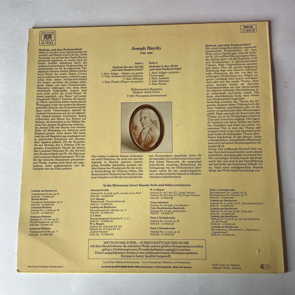 Винтажная виниловая пластинка LP Joseph Haydn Йозеф Гайдн, Antal Dorati, Симфония Sinfonie Nr.103 Es-dur Mit Dem Paukenwirbel (Германия 1977)